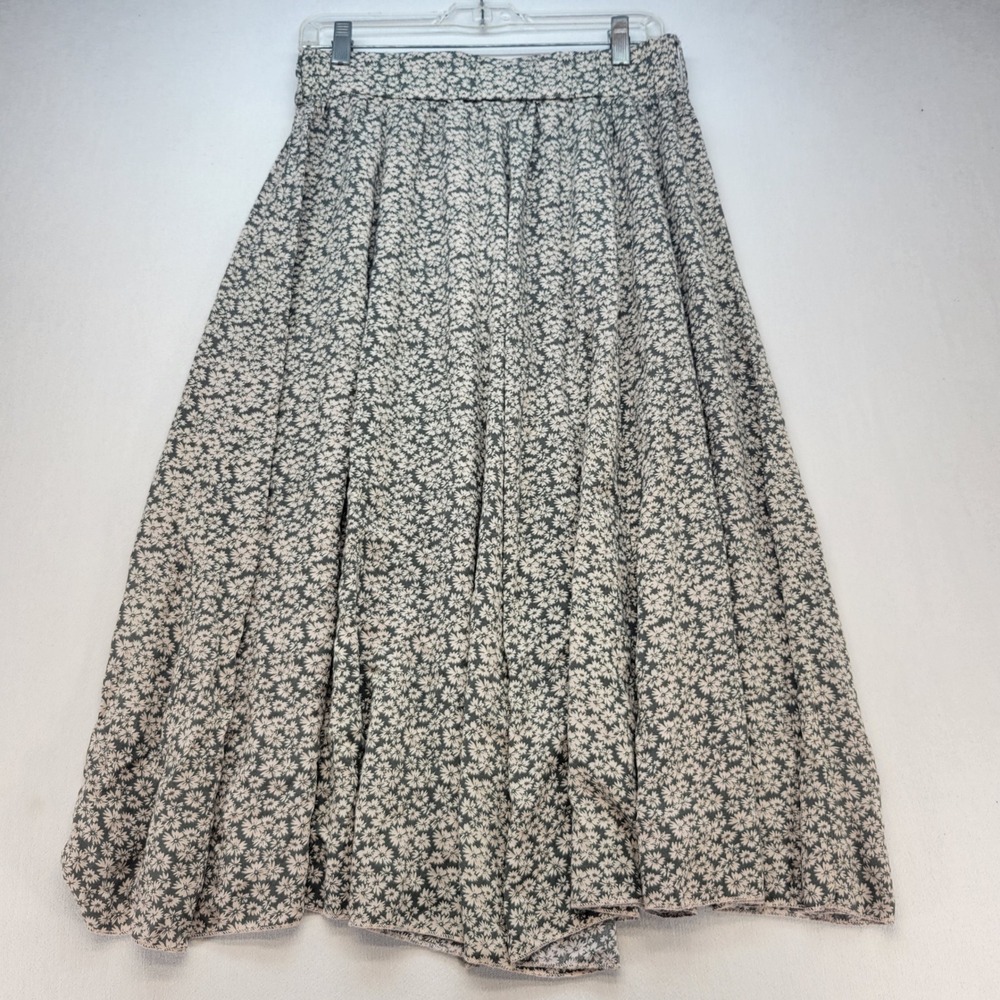 Apricot Midi Skirt Women M Green Floral Daisy Prairie Peasant A-Line Cottagecore